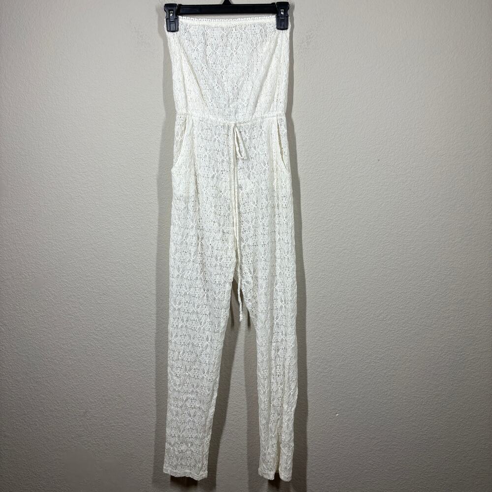 6 Shore Road XS Meet Me Lace Jumpsuit Moonlight White Strapless Cut Out Sheer